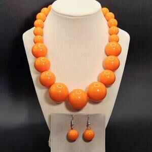 Vintage Orange Chunky Statement Necklace Large Gumball Style Beads w/ Earrings